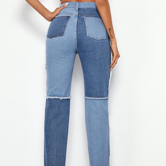 High Waisted Raw Hem Spliced Carrot Jeans - Picture 2 of 3